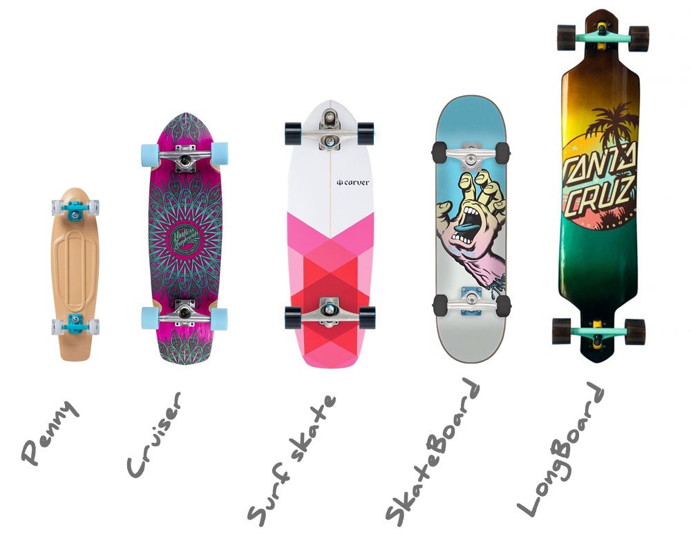 Différences skate cruiser longboard surfskate 1