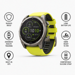 Garmin Montres GPS Fenix 8 Solar Sapphire Titanium Bracelet Silicone Jaune Graphite Résumé