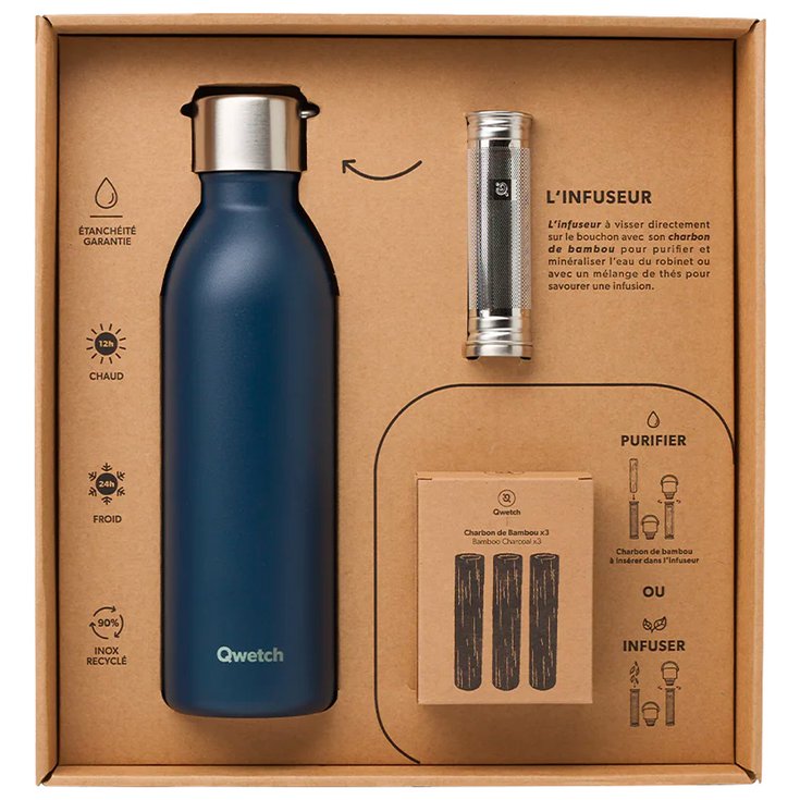 Qwetch Gourde Coffret Cadeau Active 500 ml Bleu Marine Présentation