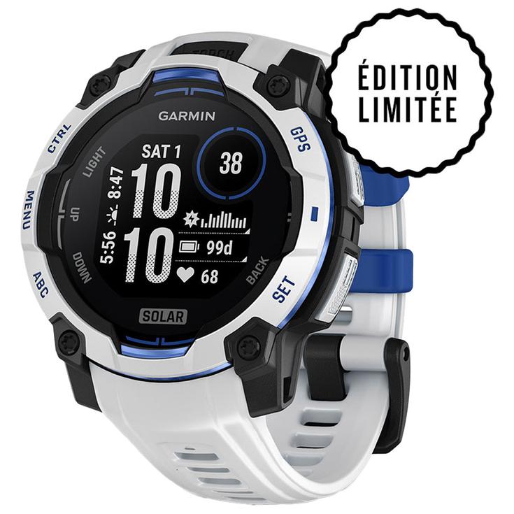 Garmin Montres GPS Instinct 3 Solar Blanche Avec Bracelet Blanc Bleu Présentation