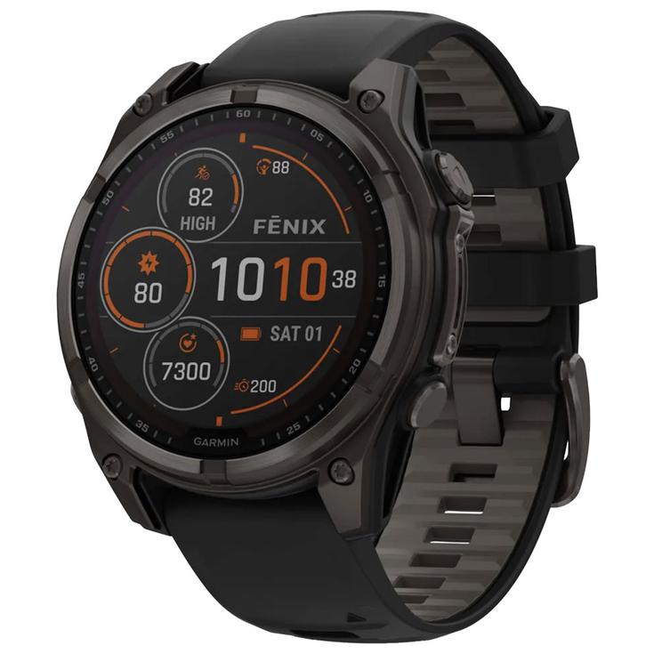 Garmin Montres GPS Fenix 8 Solar Sapphire Titane Carbon Gray DLC Bracelet Silicone Noir Gris Galet Résumé