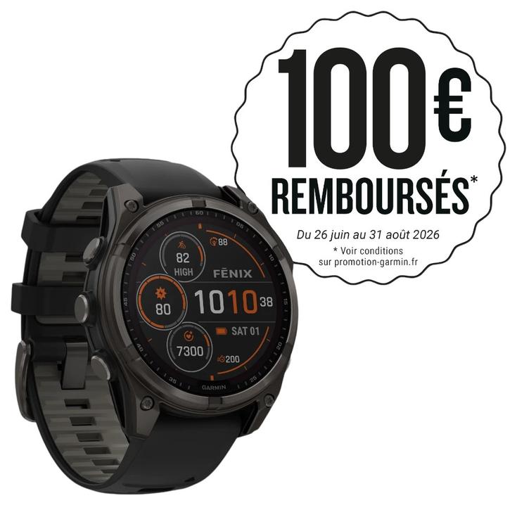 Garmin Montres GPS Fenix 8 Solar Sapphire Titane Carbon Gray DLC Bracelet Silicone Noir Gris Galet Présentation