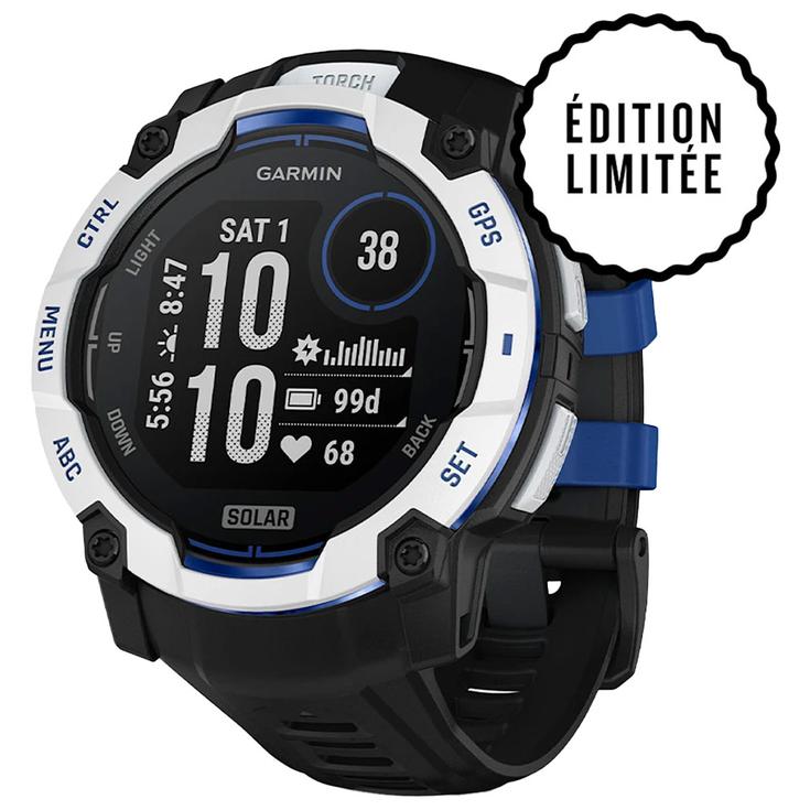 Garmin Montres GPS Instinct 3 Solar Blanche Avec Bracelet Noir Bleu Présentation